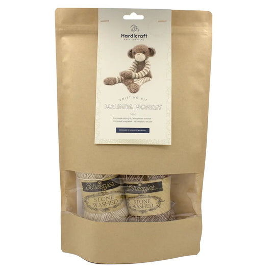 Hardicraft breipakket Malinda Monkey met patroon en garen, compleet pakket om zelf een zachte gebreide aap te maken.