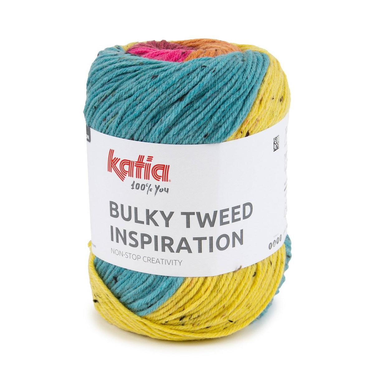 Katia Bulky Tweed Inspiration kleur 307 fuchsia, geel, oranje, waterblauw: cake tweedgaren met kleurverloop