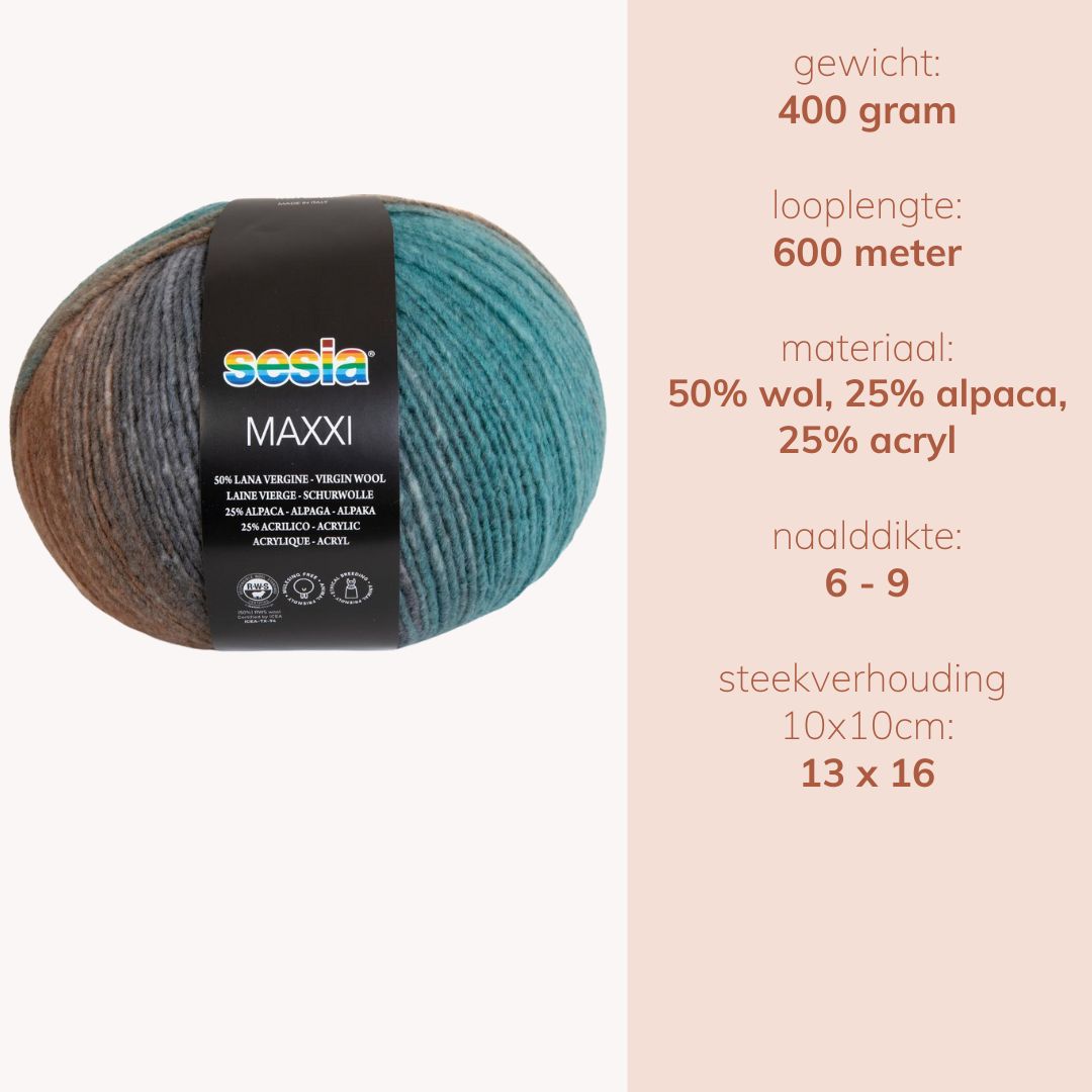 Bol Sesia Maxxi garen in bruin-blauw kleurverloop, extra groot 400g met wol, alpaca en acryl, ideaal voor truien, vesten en dekens.