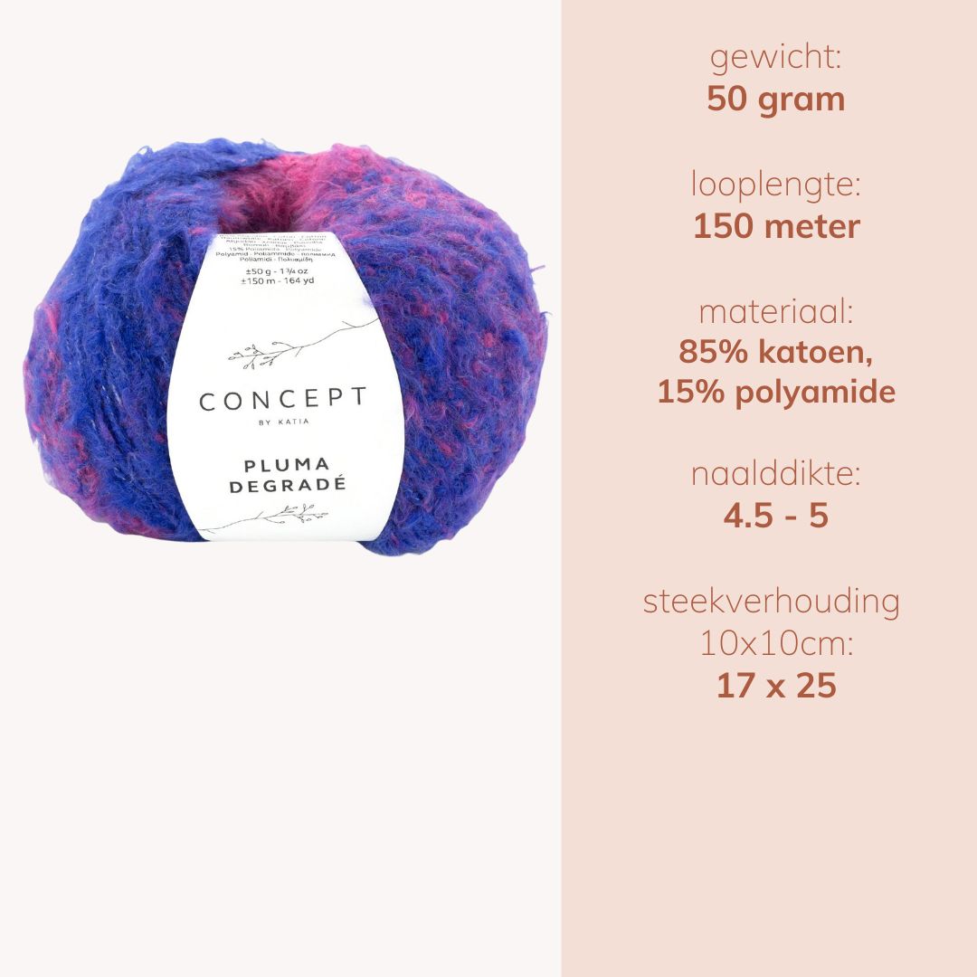 Bol Katia Concept Pluma Degradé garen in paars-roze kleurverloop, luchtig en zacht katoenmix voor breien en haken.