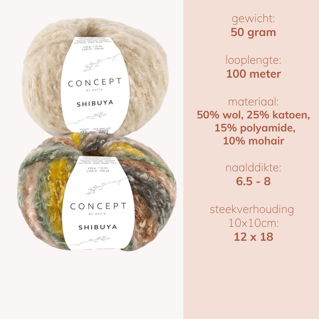 Twee bollen Katia Concept Shibuya garen in naturel en gemêleerde kleuren, zacht en luchtig met wol, katoen en mohair.