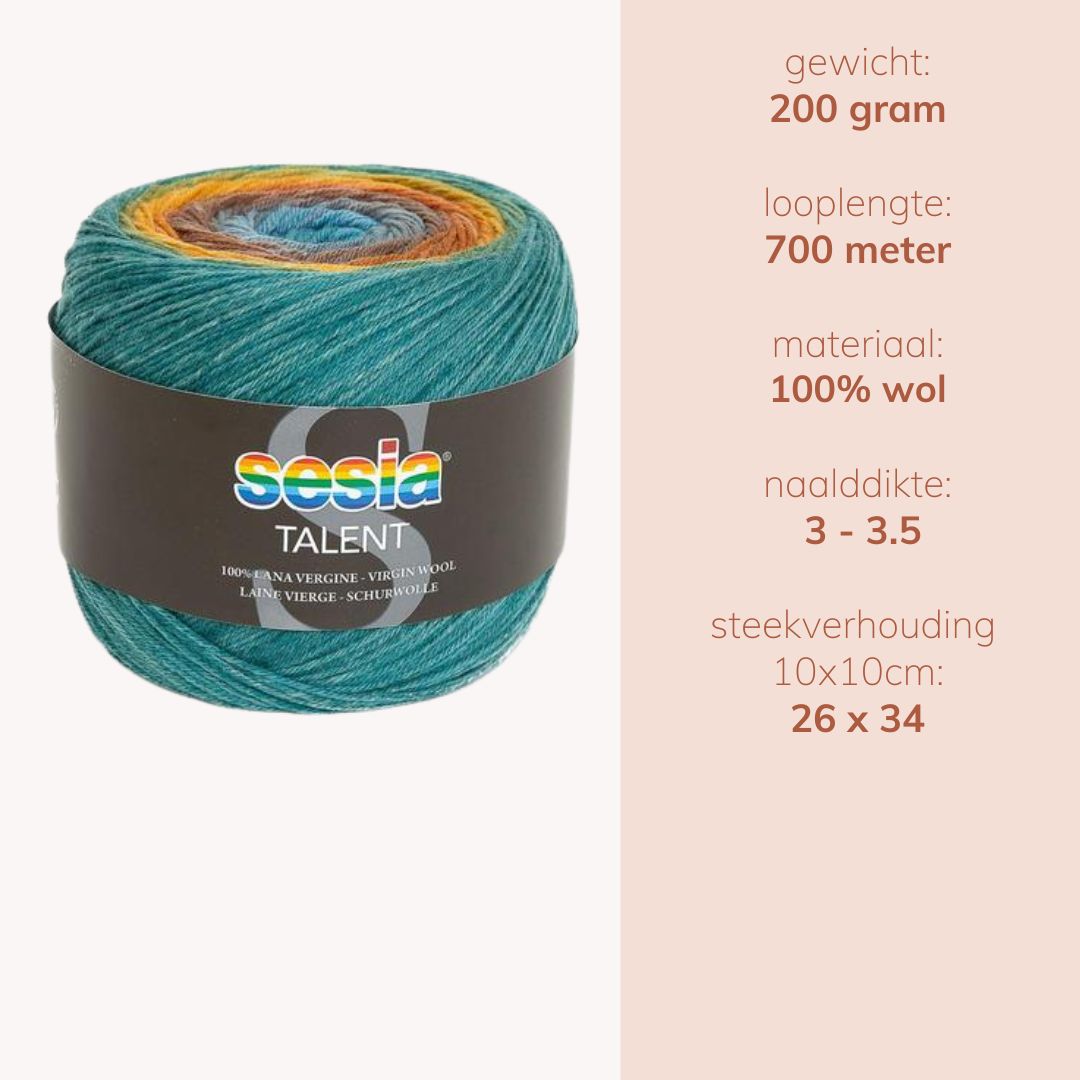 Bol Sesia Talent garen in blauw-geel kleurverloop, 100% wol met 700m looplengte, ideaal voor truien, vesten en sjaals.