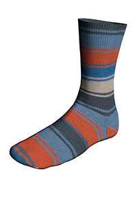 Gebreide sok van LANG Yarns Twin Soxx Color 6-ply kleur 0580 roestoranje/blauw/crème