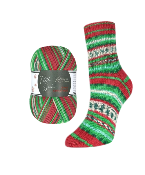 Rellana Flotte Socke Christmas 2026 6-ply, dikke kerstsokkenwol in rood, groen en naturel