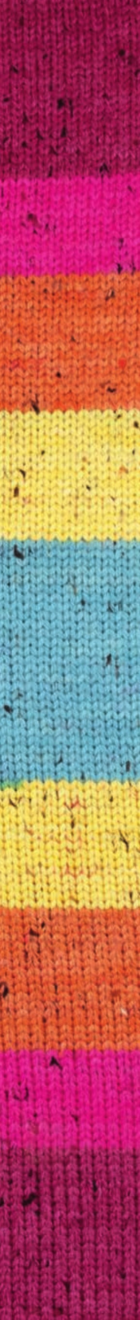 Katia Bulky Tweed Inspiration kleur 307: gebreid proeflapje met kleurverloop in fuchsia, geel, oranje en waterblauw