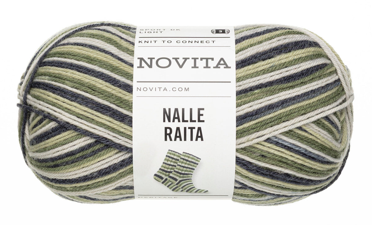 Novita Nalle Raita kleur 8451 mossy area: bol zelfstrepende sokkenwol in groen, grijs en wit