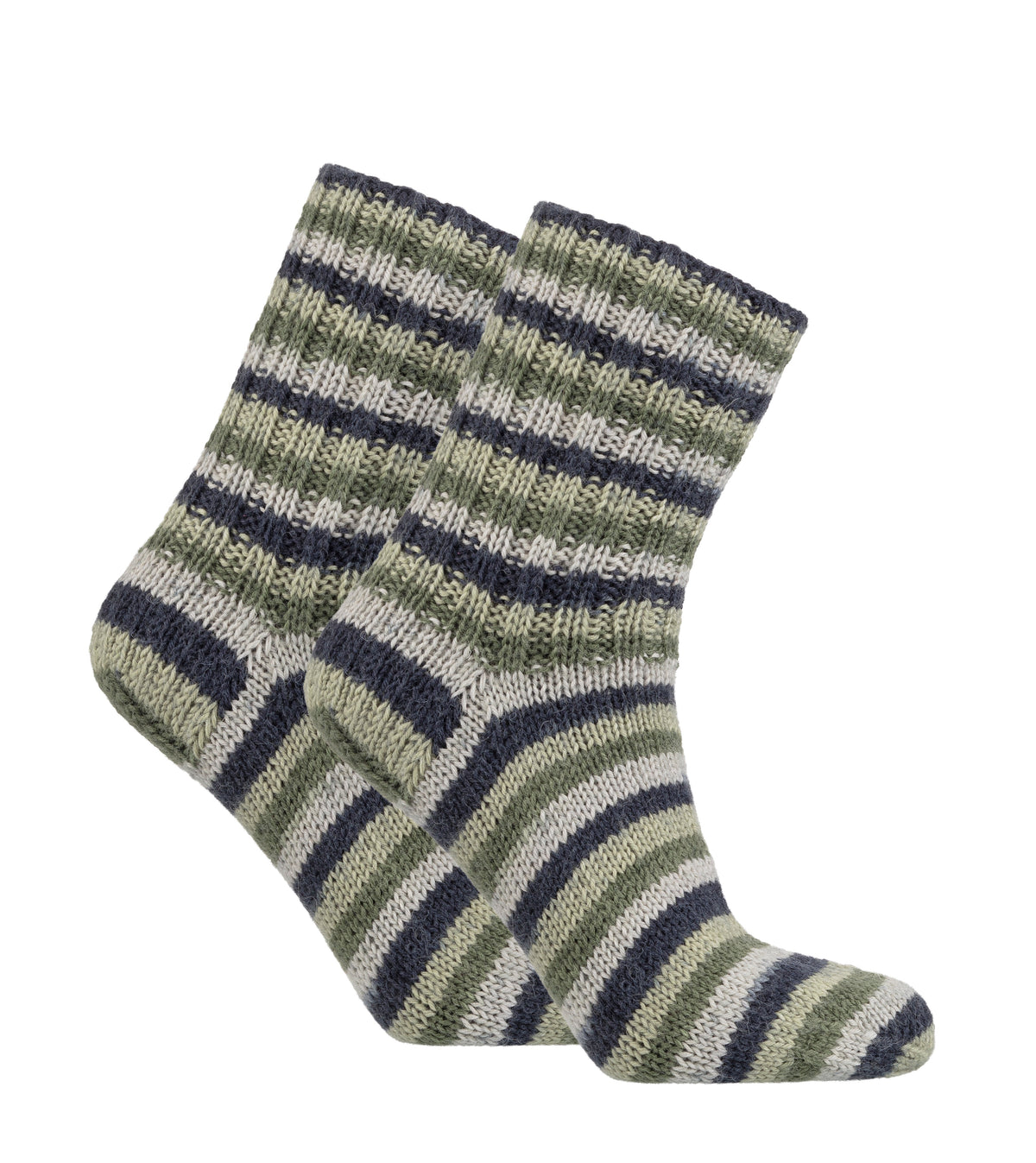 Novita Nalle Raita 8451 mossy area: gebreide sok met zelfstrepend patroon in groen, grijs en wit