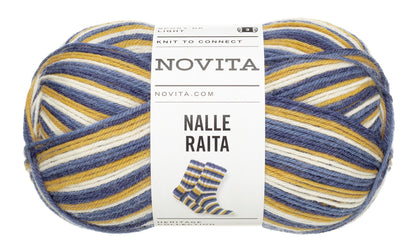 Novita Nalle Raita kleur 8481 sea captain: bol zelfstrepende sokkenwol in blauw, geel en wit