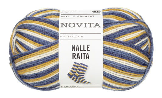 Novita Nalle Raita kleur 8481 sea captain: bol zelfstrepende sokkenwol in blauw, geel en wit