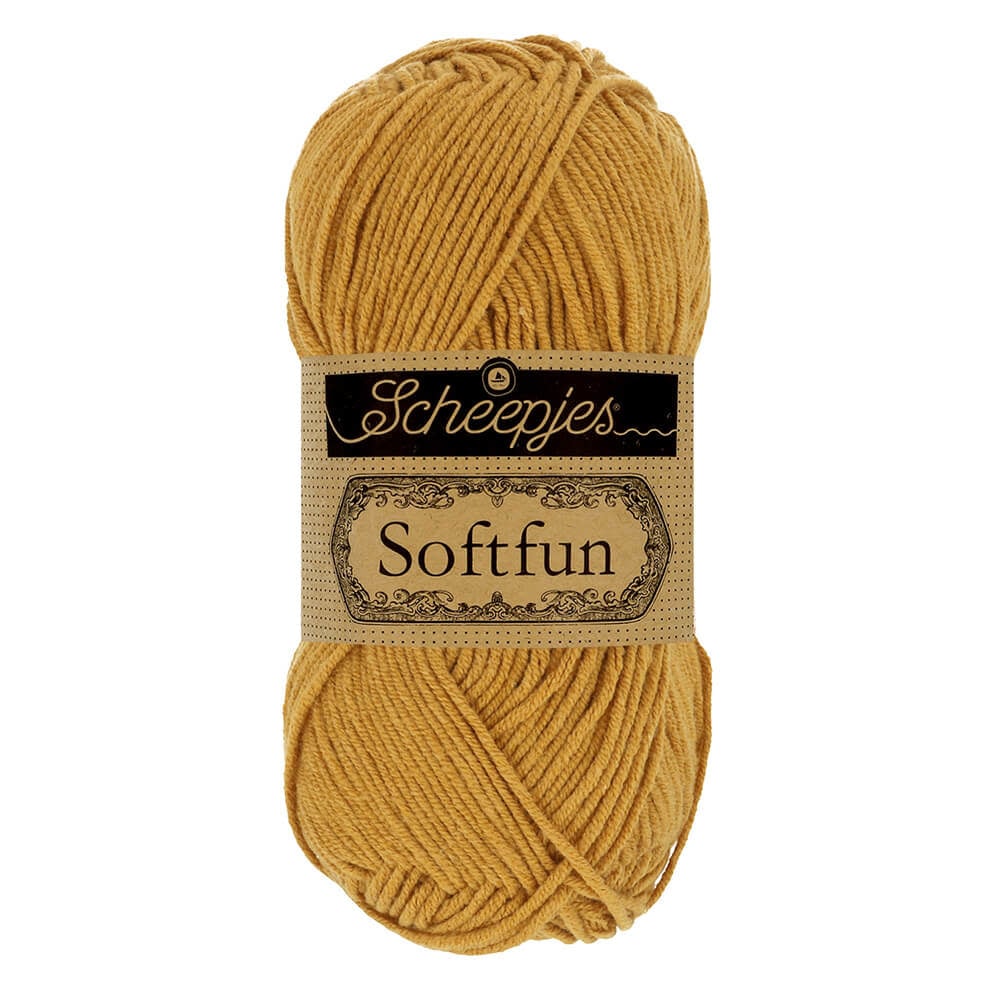 SCHEEPJES Softfun breigaren in 2621 Mustard - zijdezacht katoen-acryl mengsel voor breien en haken