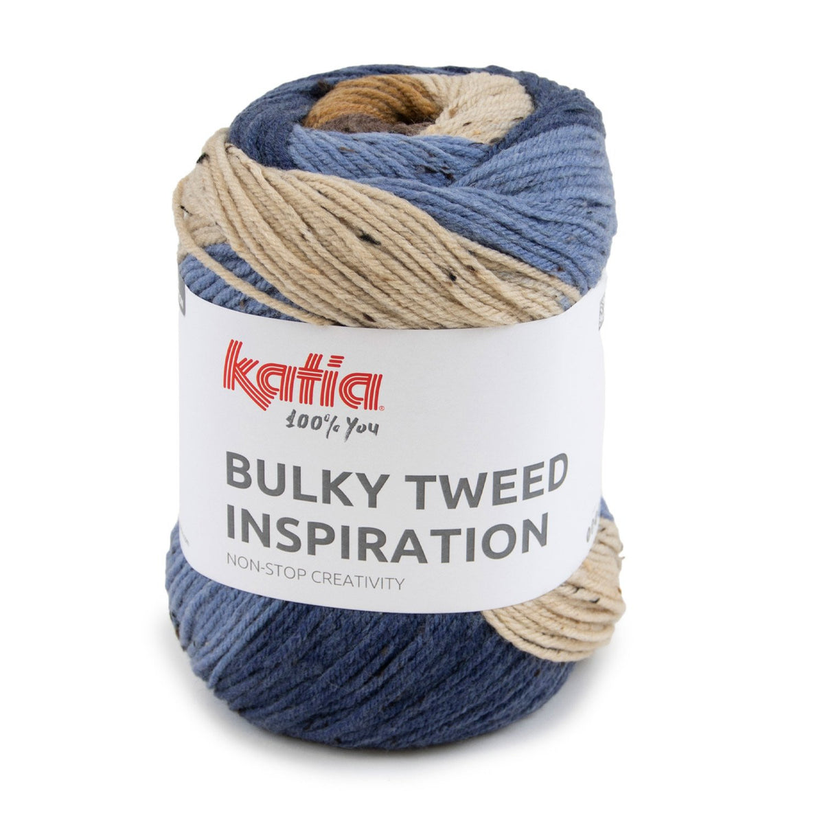 Katia Bulky Tweed Inspiration kleur 303 beige, bruin, jeans: cake tweedgaren met kleurverloop