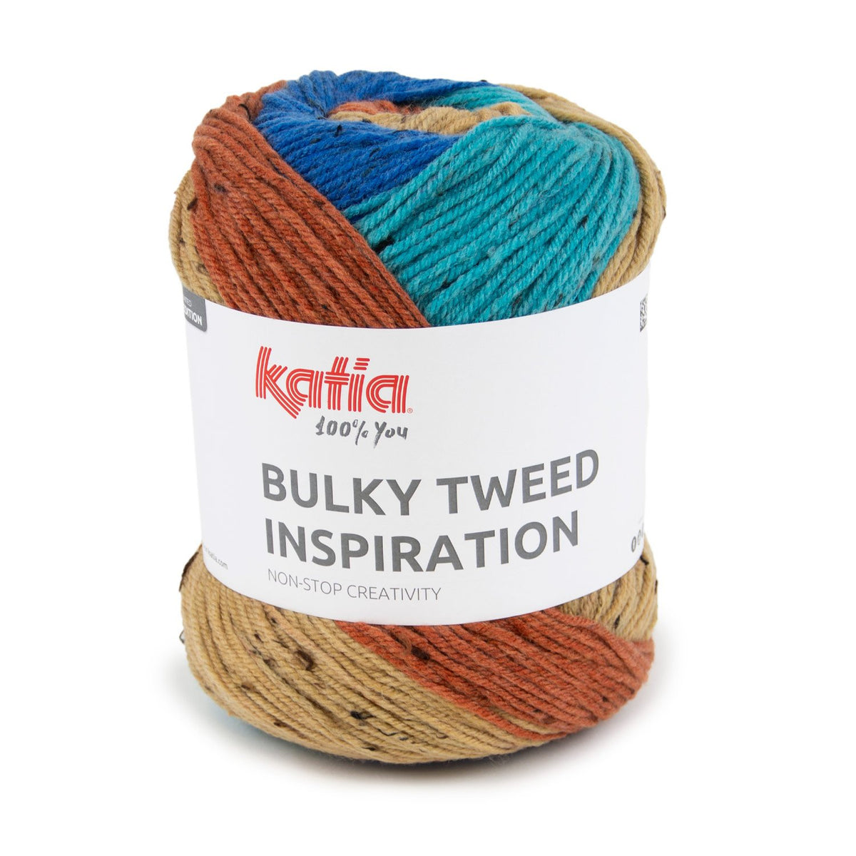 Katia Bulky Tweed Inspiration kleur 305 blauw, oker, roestbruin: cake tweedgaren met kleurverloop