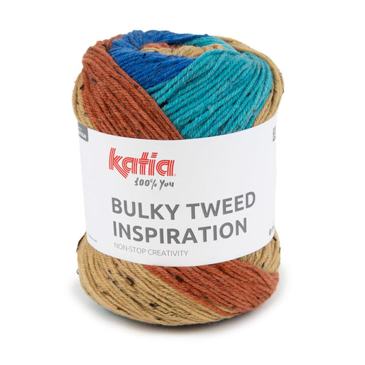 Katia Bulky Tweed Inspiration kleur 305 blauw, oker, roestbruin: cake tweedgaren met kleurverloop
