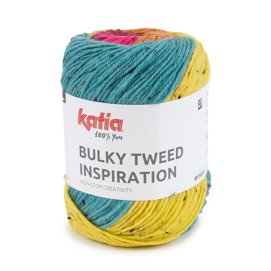 Katia Bulky Tweed Inspiration kleur 307 fuchsia, geel, oranje, waterblauw: cake tweedgaren met kleurverloop