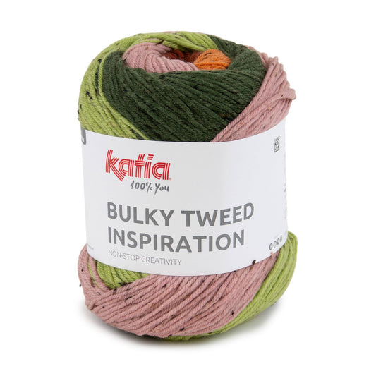 Katia Bulky Tweed Inspiration kleur 304 groen, kauwgomroze, roestbruin: cake tweedgaren met kleurverloop
