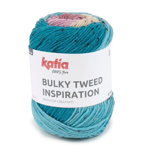 Katia Bulky Tweed Inspiration kleur 302 kauwgomroze, lichtblauw, blauw: cake tweedgaren met kleurverloop
