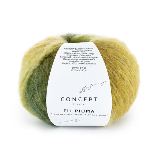 Katia Concept Fil Piuma kleur 300 groen en oker: luchtig garen van alpaca en merinowol